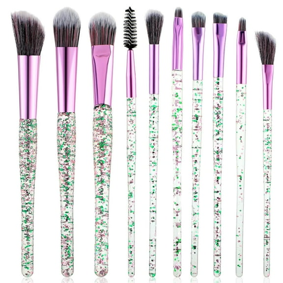 Glitter Crystal Makeup Brush Set 10 Piece Bling Professional Foundation Concealer Eye Shadow Eyeliner Blush Lip Blending Synthetic Brushes Tools Kit Essentials Transparent Handle Women(Green)