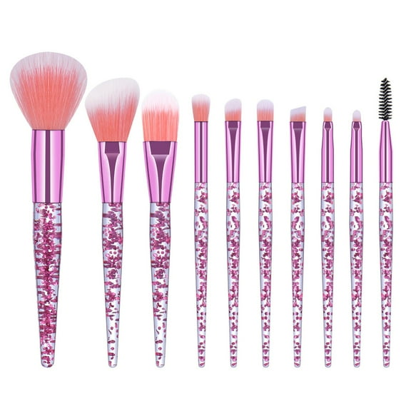 Glitter Crystal Makeup Brush Set 10 Piece Bling Professional Foundation Concealer Eye Shadow Eyeliner Blush Lip Blending Synthetic Brushes Tools Kit Essentials Transparent Handle Women Girls-Pink