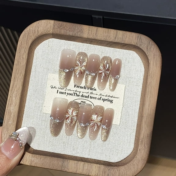 Glitter Crystal Shiny Cute Handmade Press on Nails for Women Thick Aesthetic Designer Long Oval Gold Fake Nails