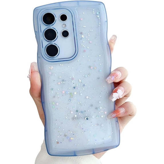 Glitter Curly Wavy Clear TPU Case Compatible with Samsung Galaxy Case (Galaxy S21 FE,Blue)