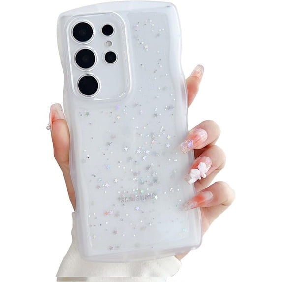 Glitter Curly Wavy Clear TPU Case Compatible with Samsung Galaxy Case (Galaxy S21 Plus,White)