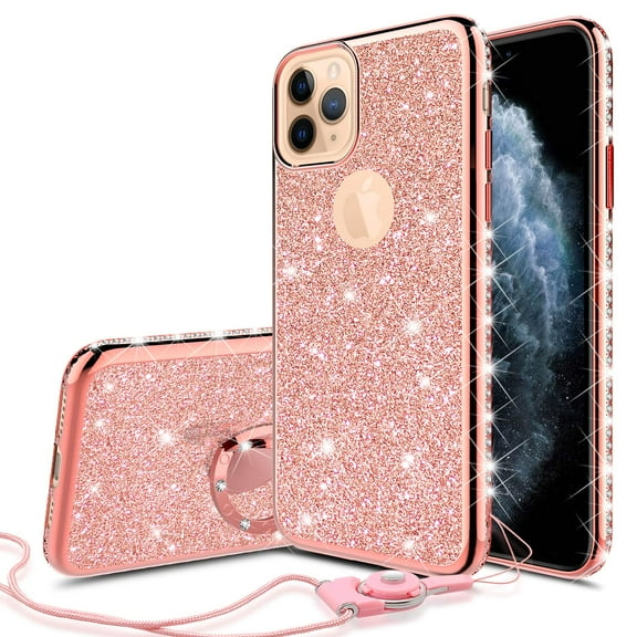 Glitter Cute Phone Case Girls Kickstand for Apple iPhone 12 Pro Max Case,Bling Diamond Rhinestone Bumper Ring Stand Thin Soft Sparkly Case for iPhone 12 Pro Max - Rose Gold