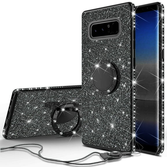 Glitter Cute Phone Case Girls for Samsung Galaxy Note 8 Case with Ring Stand,Bling Diamond Rhinestone Bumper Ring Stand Sparkly Luxury Clear Thin Soft Protective Cover Girl Women,Black