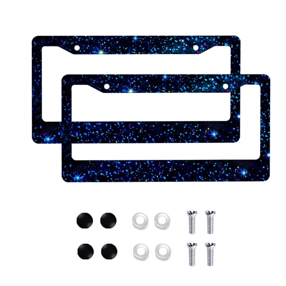 Glitter Dark Blue Starry Sky Aluminum License Plate Frame, Universal US Standard Fit, Heavy Duty & Fade Resistant 2pcs