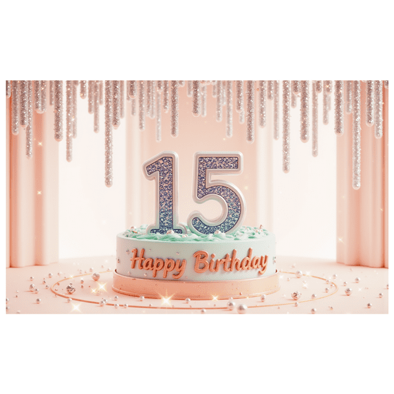 Glitter Design 15th Birthday Banner Decorative Sparkling Birthday Backdrop for Teenage Birthday Celebration Party Decor