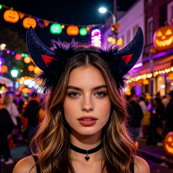 Glitter Devil Horn Headband with Fluffy Feather Halloween Dress Up Hair Band Adjustable Elastic Party Accessory for Adult Kids Stage Performance Carnival Photo Prop