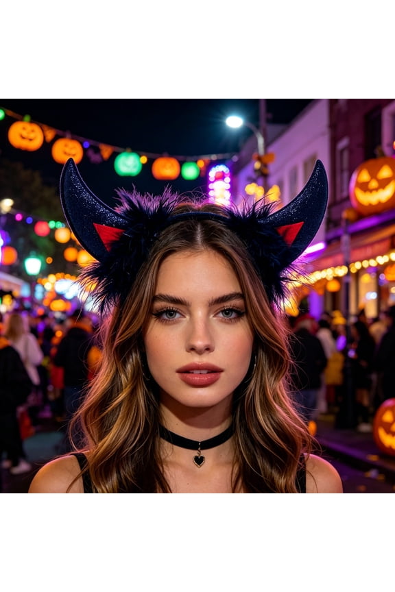 Glitter Devil Horn Headband with Fluffy Feather Halloween Dress Up Hair Band Adjustable Elastic Party Accessory for Adult Kids Stage Performance Carnival Photo Prop