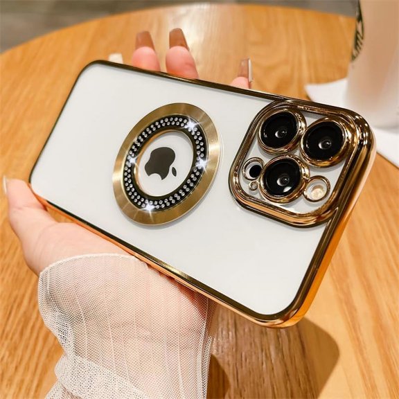 Glitter Diamond Compatible for Magsafe Case for iPhone 14 13 12 11 Pro Max 14 Plus Rhinestone Logo View Magnetic Plating Transparent Lens Protector Cover Sparkling (Gold,for iPhone 12)
