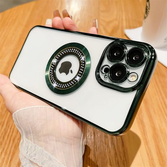 Glitter Diamond Compatible for Magsafe Case for iPhone 14 13 12 11 Pro Max 14 Plus Rhinestone Logo View Magnetic Plating Transparent Lens Protector Cover Sparkling (Green,for iPhone 11 Pro)