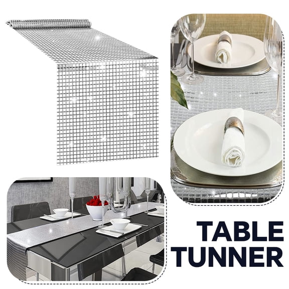 Glitter Disco Table Runner, Silver Sparkle Sequin Tablecloth, Disco Party Decor, Bachelorette & Wedding Party Supplies, Polyester