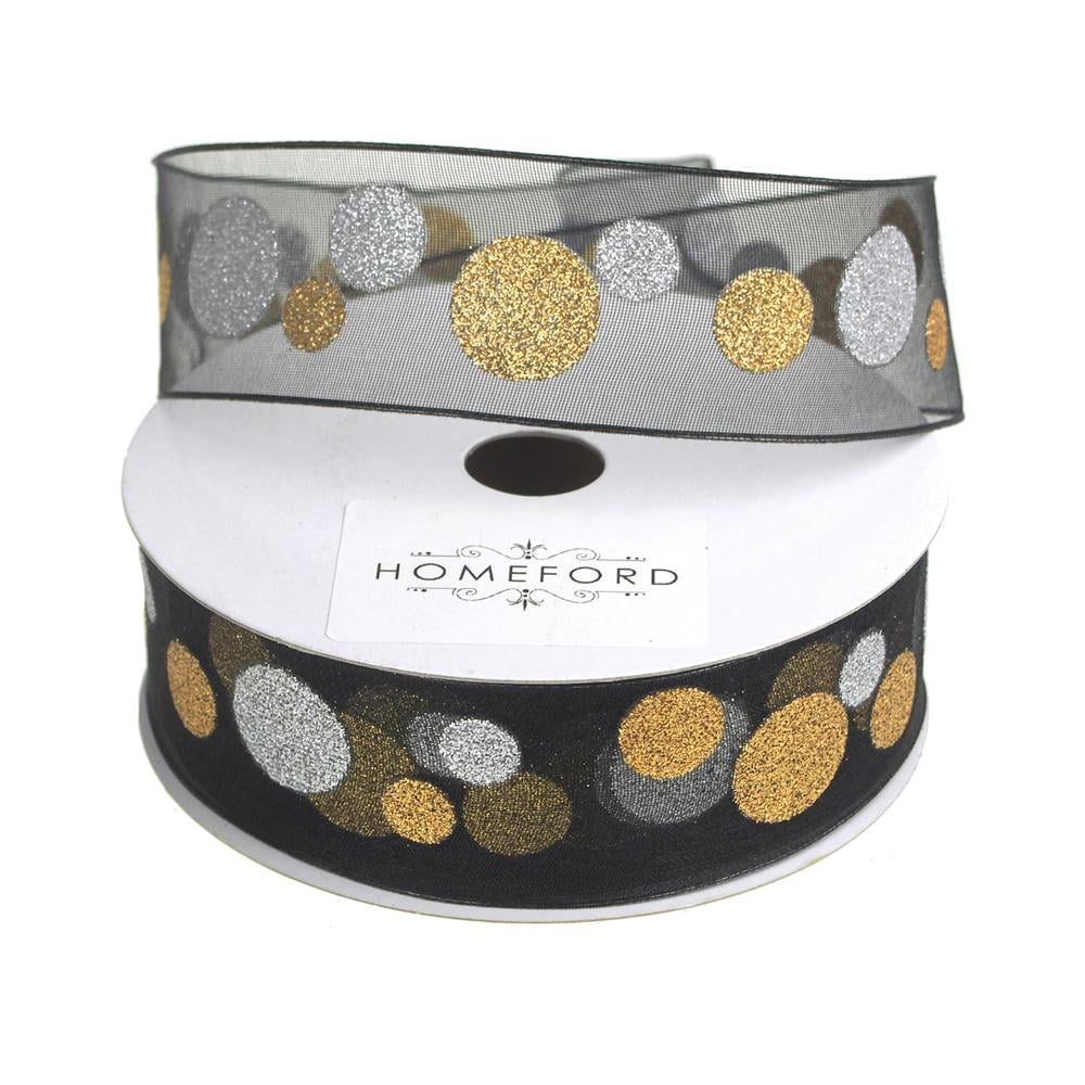 Glitter Dots Christmas Organza Ribbon Wired Edge, 1-1/2-Inch, 25 Yards, Black