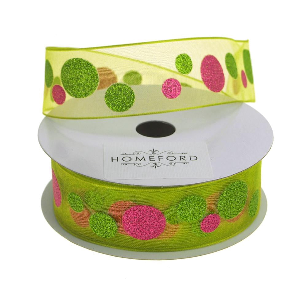 Glitter Dots Christmas Organza Ribbon Wired Edge, 1-1/2-Inch, 25 Yards, Lime