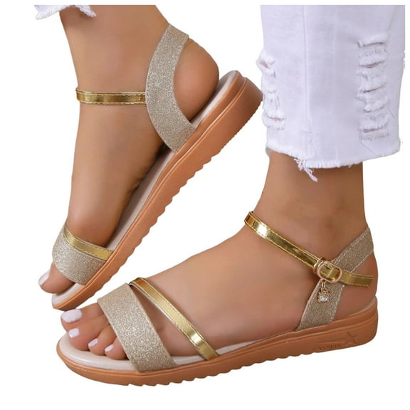 Glitter Dress Sandals for Women 2025 Silver Gold Sequin Sparkly Ankle Strap Flats Dressy Wedding Sandals