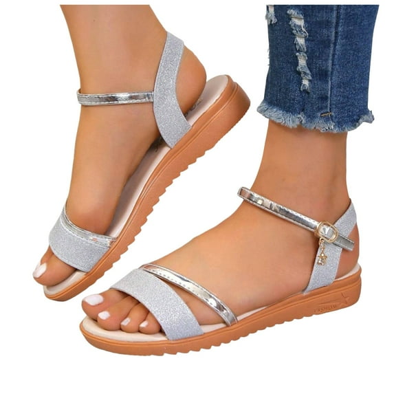 Glitter Dress Sandals for Women 2025 Silver Gold Sequin Sparkly Ankle Strap Flats Dressy Wedding Sandals