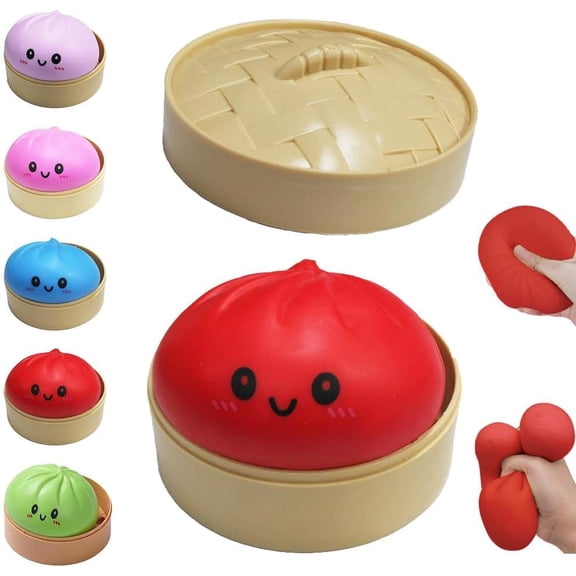 Glitter Dumpling Mystery Box Toys, Colorful Dumpling Squise Stress Balls with Mini Steamer, Fidget Sensory Stretchy for Easter Basket Stuffers (Red)