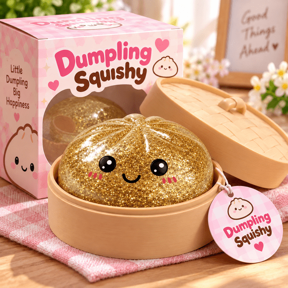 Glitter Dumpling Squeeze Toy Gold Crunchy Bao Bun Sensory Fidget Gadget with Steamer Basket Fun Viral Novelty Hand Play Item for Calming Anxiety