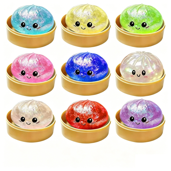 Dumpling Squishy Mystery Box, Glitter Dumpling, Dumplings Style Stress Balls for Adults, Steamer Basket Design with Squeezable Bun Stress Relief Fidget Toys