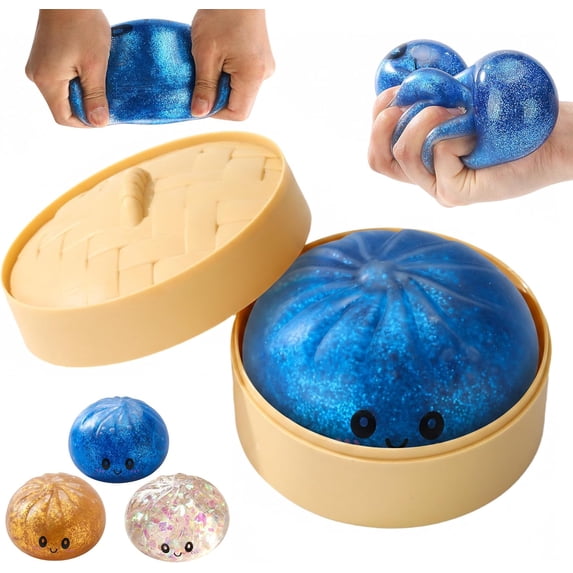 Glitter Dumpling Squishy, Dumpling Squishies Mystery Box, Viral Bao Bun Squeeze Toys, Colorful Sensory Fidget Toys for Stress Relief, Stretchy Desk Toys, Party Favor Gift for Teens & Adults (Blue)