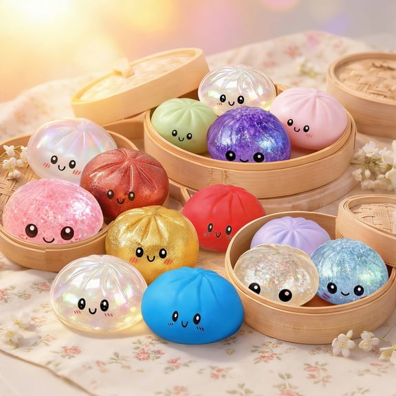 Glitter Dumpling Squishy,Dumpling Squishy, Glitter Mystery Dumplings Box, Colorful Dumplings Stress Balls Fidget Sensory,Limited Edition Squeezable Bun Stress Relief Fidget Toys Great Gifts