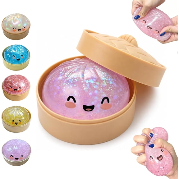 Glitter Dumpling Squishy,Dumpling Squishy, Glitter Mystery Dumplings Box, Colorful Dumplings Stress Balls Fidget Sensory,Squeezable Bun Stress Relief Fidget Toys (Glitter Pink)