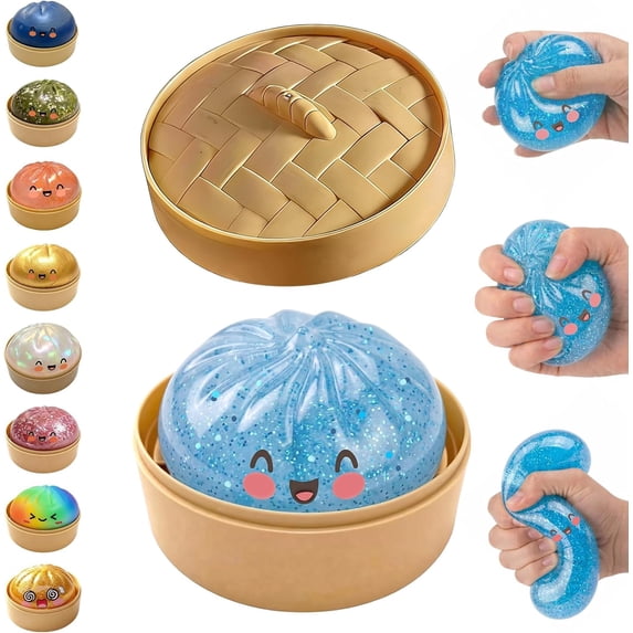 Glitter Dumpling Squishy Mystery Box, Colorful Dumpling Stress Balls Fidget Toys with Steamer Box