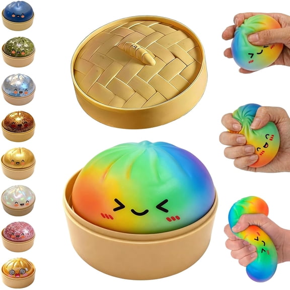 Glitter Dumpling Squishy Mystery Box, Colorful Dumpling Stress Balls Fidget Toys with Steamer Box