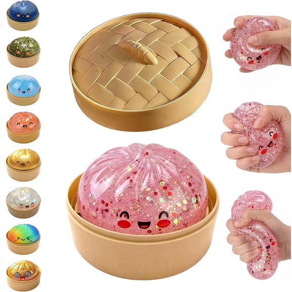 Glitter Dumpling Squishy Mystery Box, Colorful Dumpling Stress Balls Fidget Toys with Steamer Box