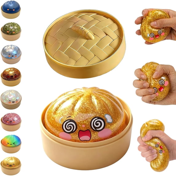 Glitter Dumpling Squishy Mystery Box, Colorful Dumpling Stress Balls Fidget Toys with Steamer Box