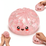 Glitter Dumpling Squishy,Pink Sakura Dumpling Squishy Toys, Glitter Cherry Blossom Bun Stress Ball, Soft TPR Sensory Squeeze Fidget Toys for K*-ids and Adults