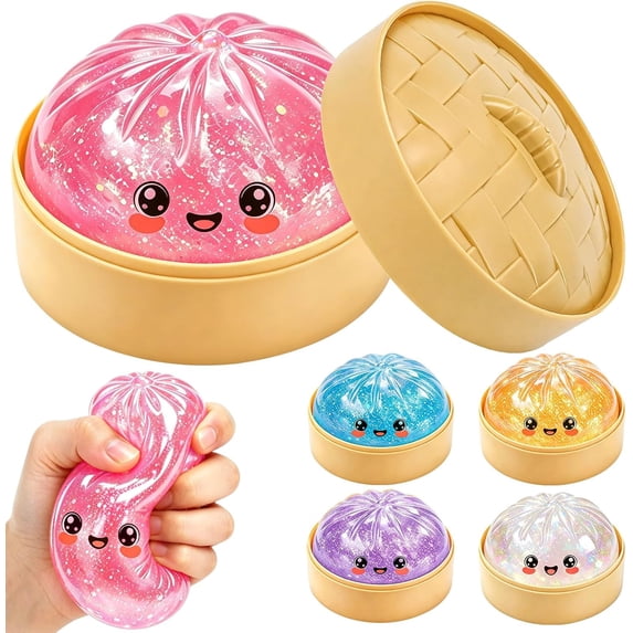 Glitter Dumpling Squishy Toys with Steamer, 8.5cm Large Shimmer Bao Stress Relief Fidget Toy for Desktop Decor, Novelty Gift & Party Favors