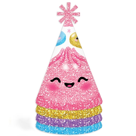 Glitter Dumplings Cone Party Hats, Kids Birthday Party Decorations, Fits Both Kids and Adults, Colorful Squishy-Themed Hats with Elastic Strings - Set of 8