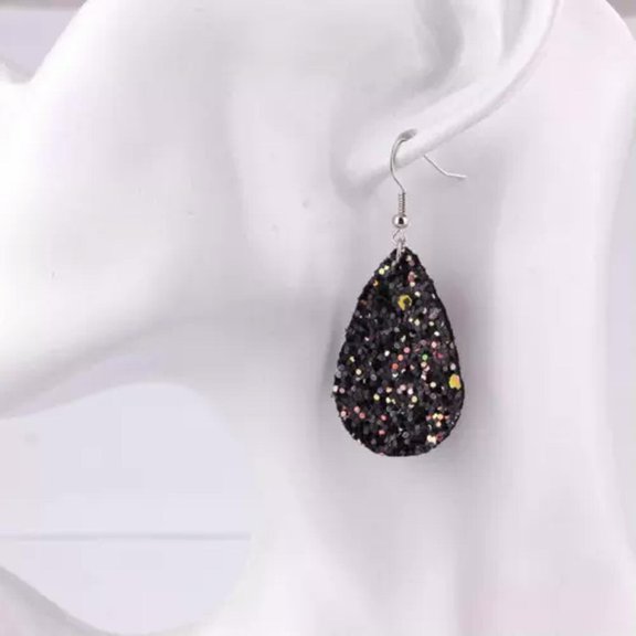 Glitter Earrings Leather Teardrop Dangle Sequins Bohemian Boho Jewelry Accessory