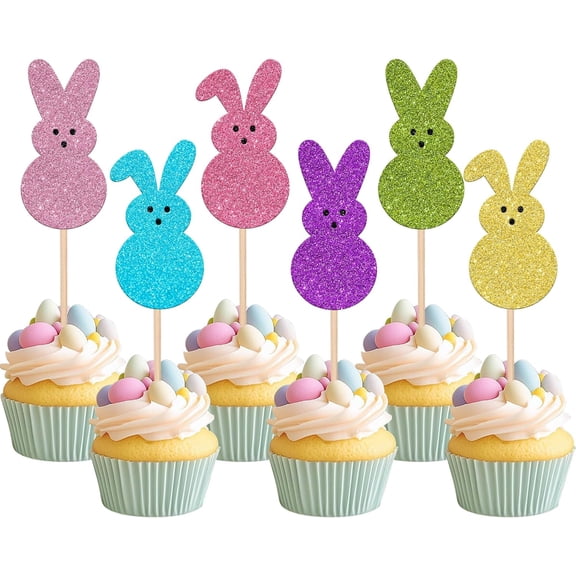 Glitter Easter Bunny Cupcake Toppers, Colorful Rabbit Picks, Easter Theme Party Decorations, 12 PCS