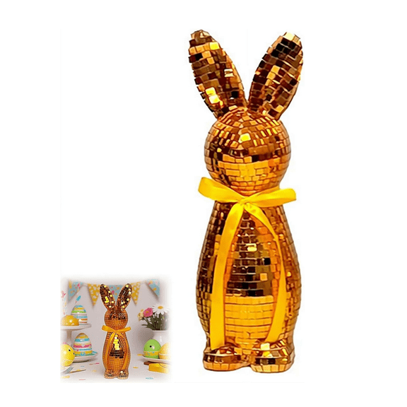 Glitter Easter Rabbit Statue with Bow Tie Mirror Reflection Desktop Decor for Spring Home Office Easter Party (Orange)
