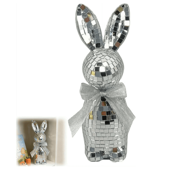 Glitter Easter Rabbit Statue with Bow Tie Mirror Reflection Desktop Decor for Spring Home Office Easter Party (Silver)