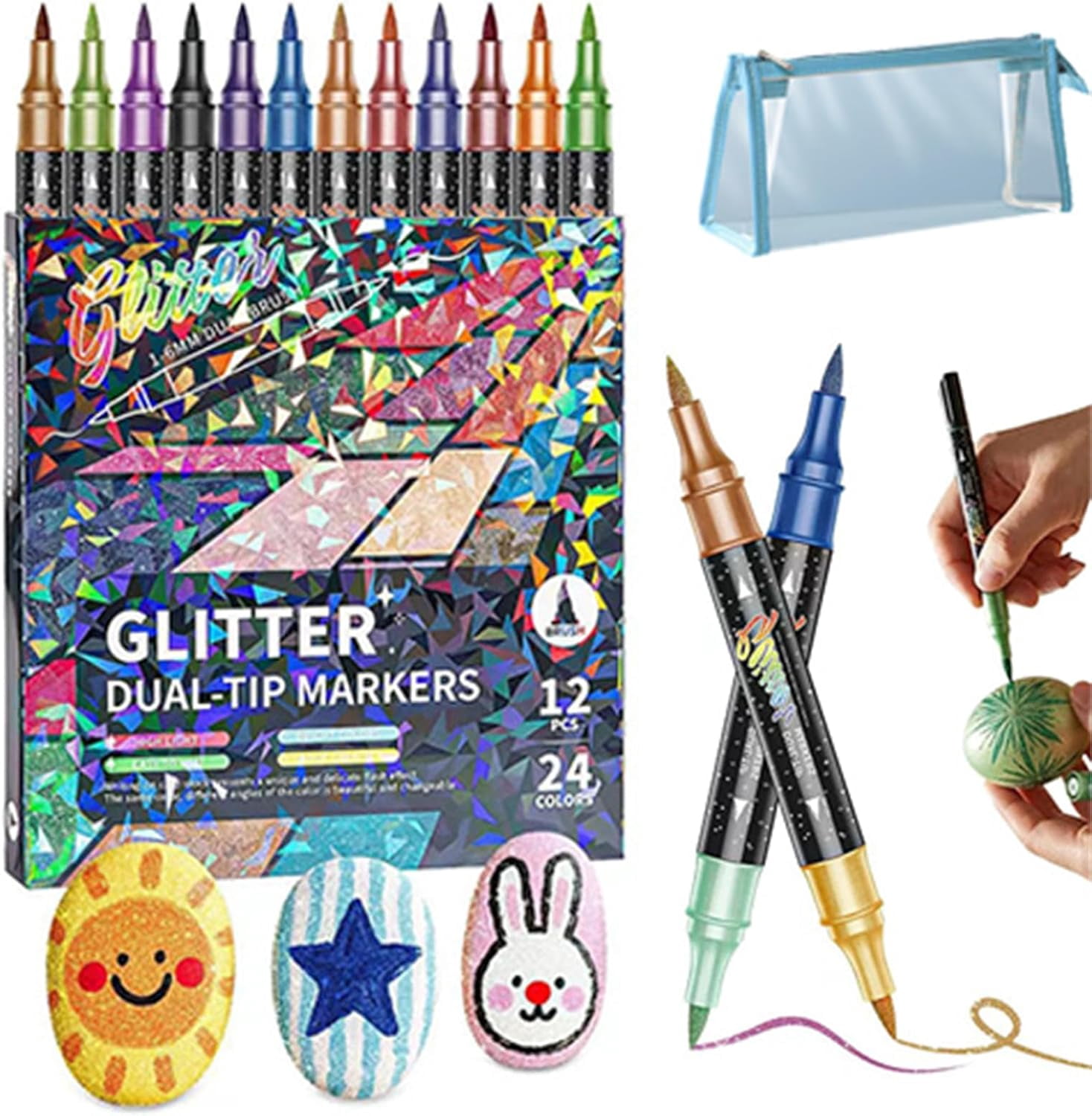 Glitter Effect Brush Marker, Dual Tip Sparkly Paint Pens, No Bleed Adult Coloring Book Markers for Scrapbooking and DIY Crafts