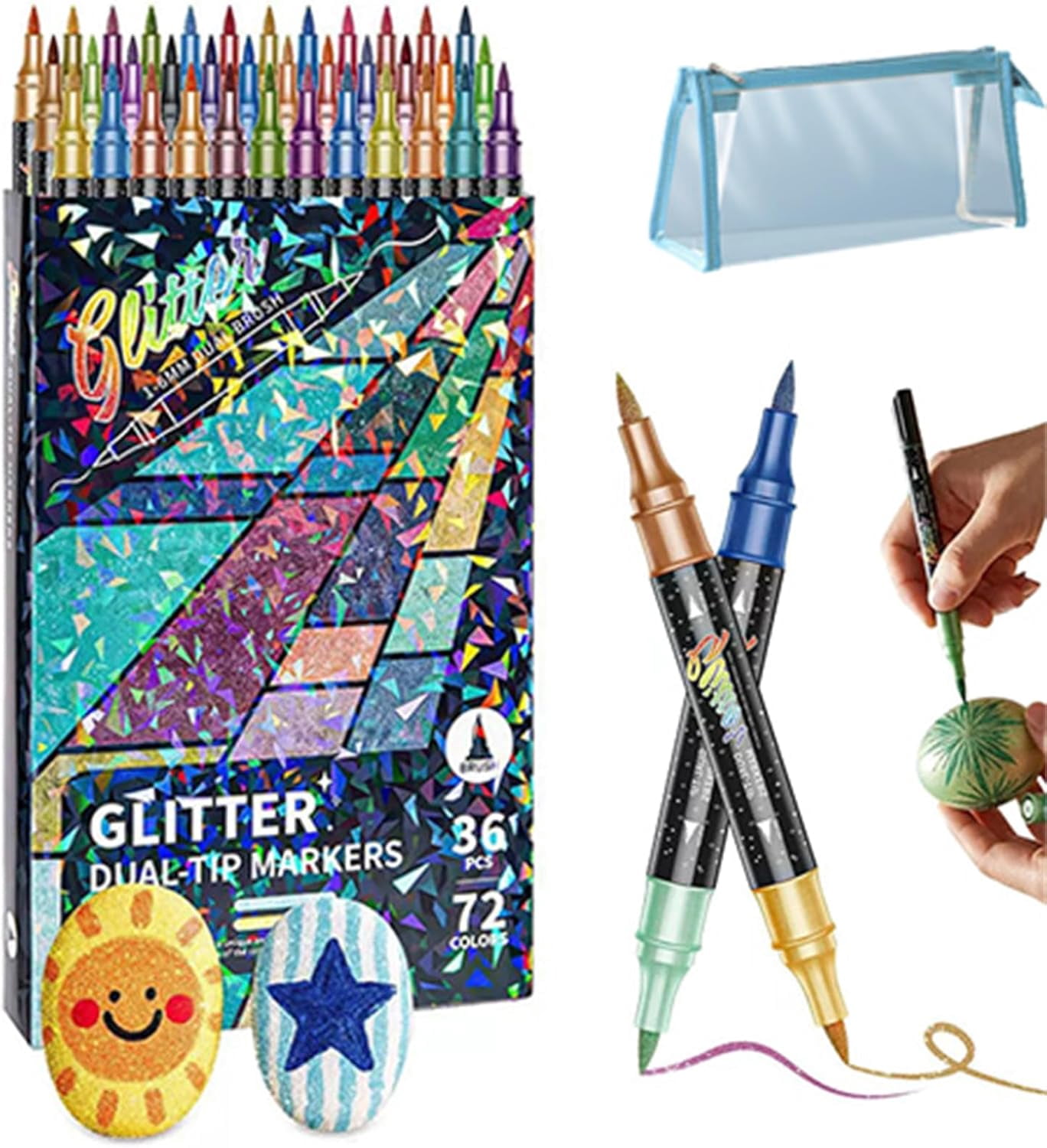 Glitter Effect Brush Marker, Dual Tip Sparkly Paint Pens, No Bleed Adult Coloring Book Markers for Scrapbooking and DIY Crafts