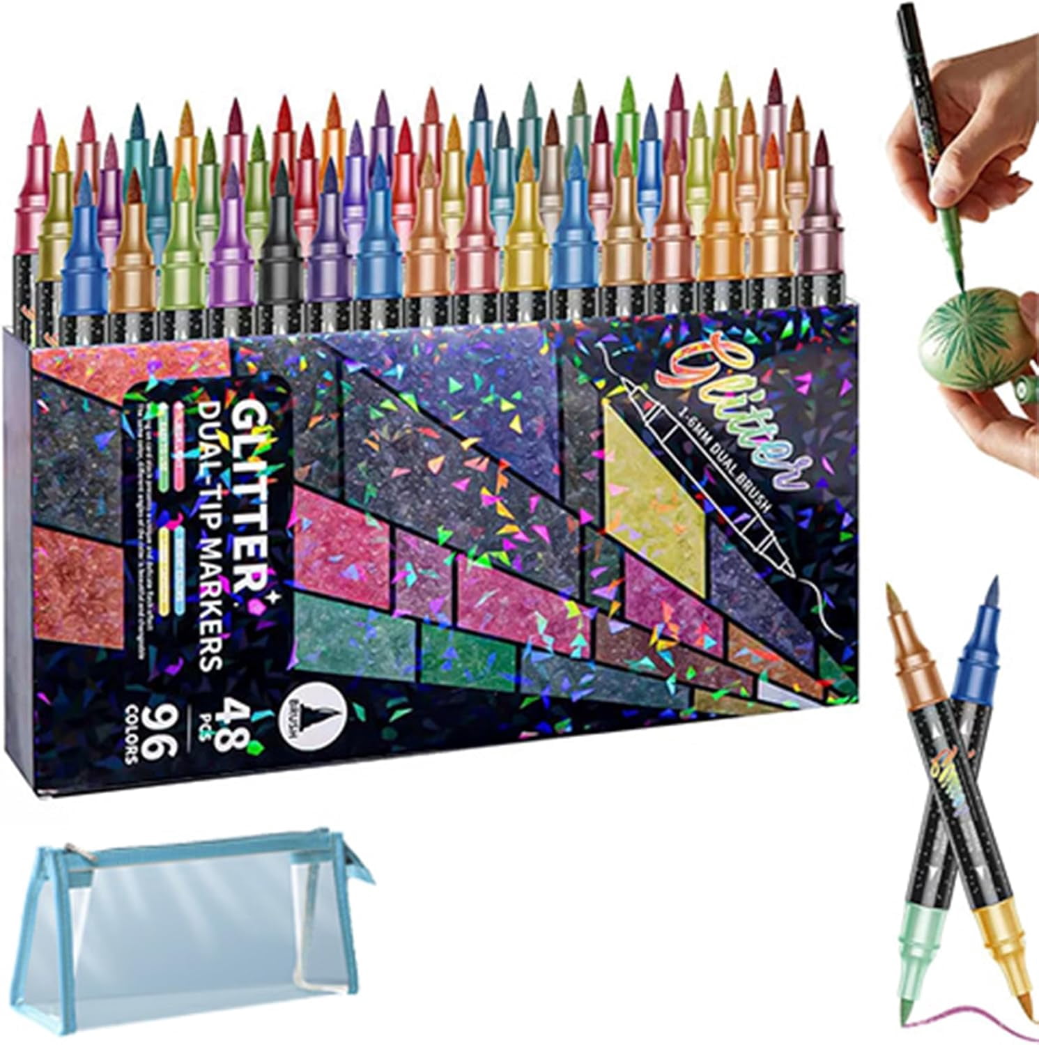 Glitter Effect Brush Marker, Dual Tip Sparkly Paint Pens, No Bleed Adult Coloring Book Markers for Scrapbooking and DIY Crafts