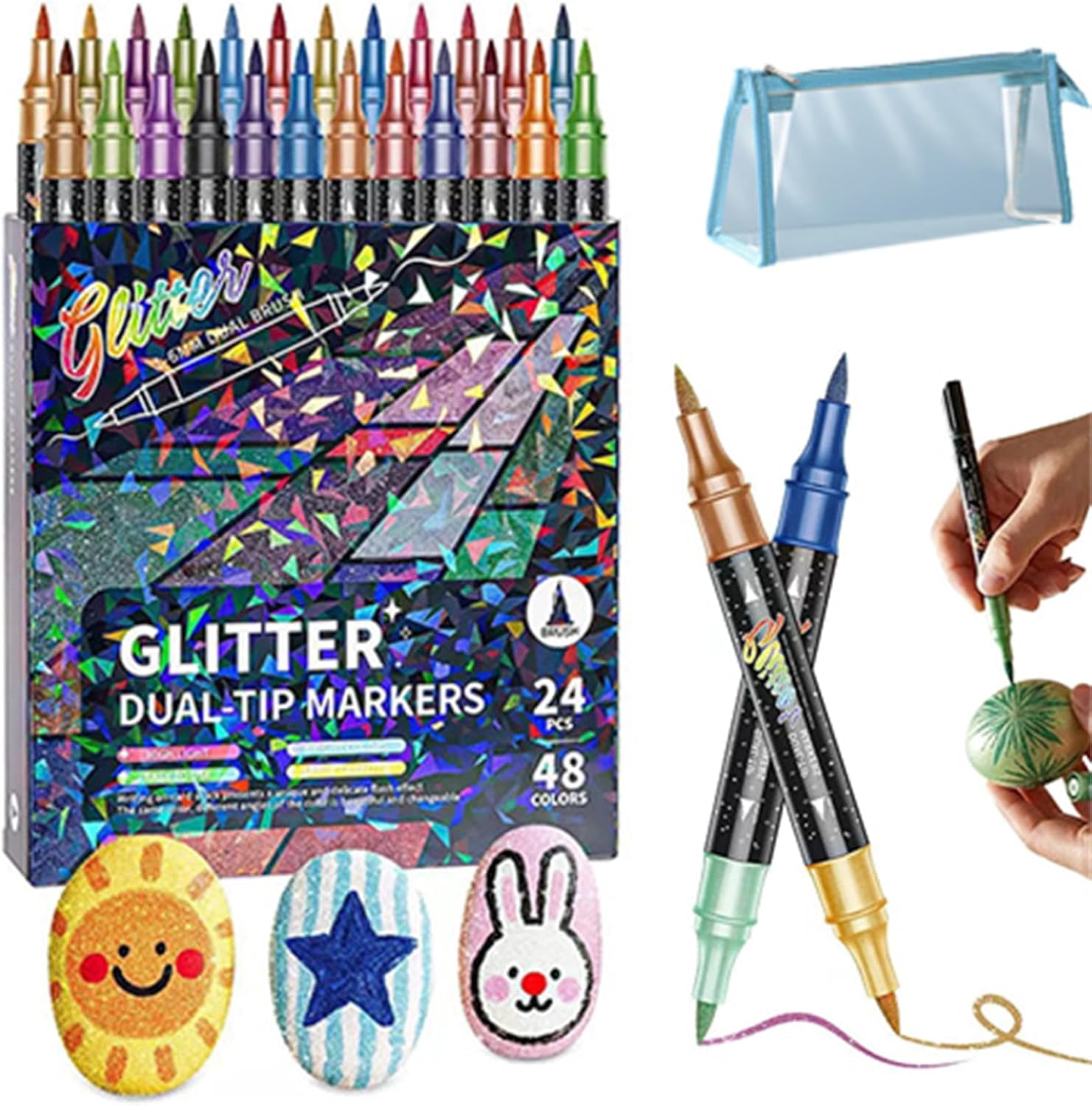 Glitter Effect Brush Marker, Dual Tip Sparkly Paint Pens, No Bleed Adult Coloring Book Markers for Scrapbooking and DIY Crafts