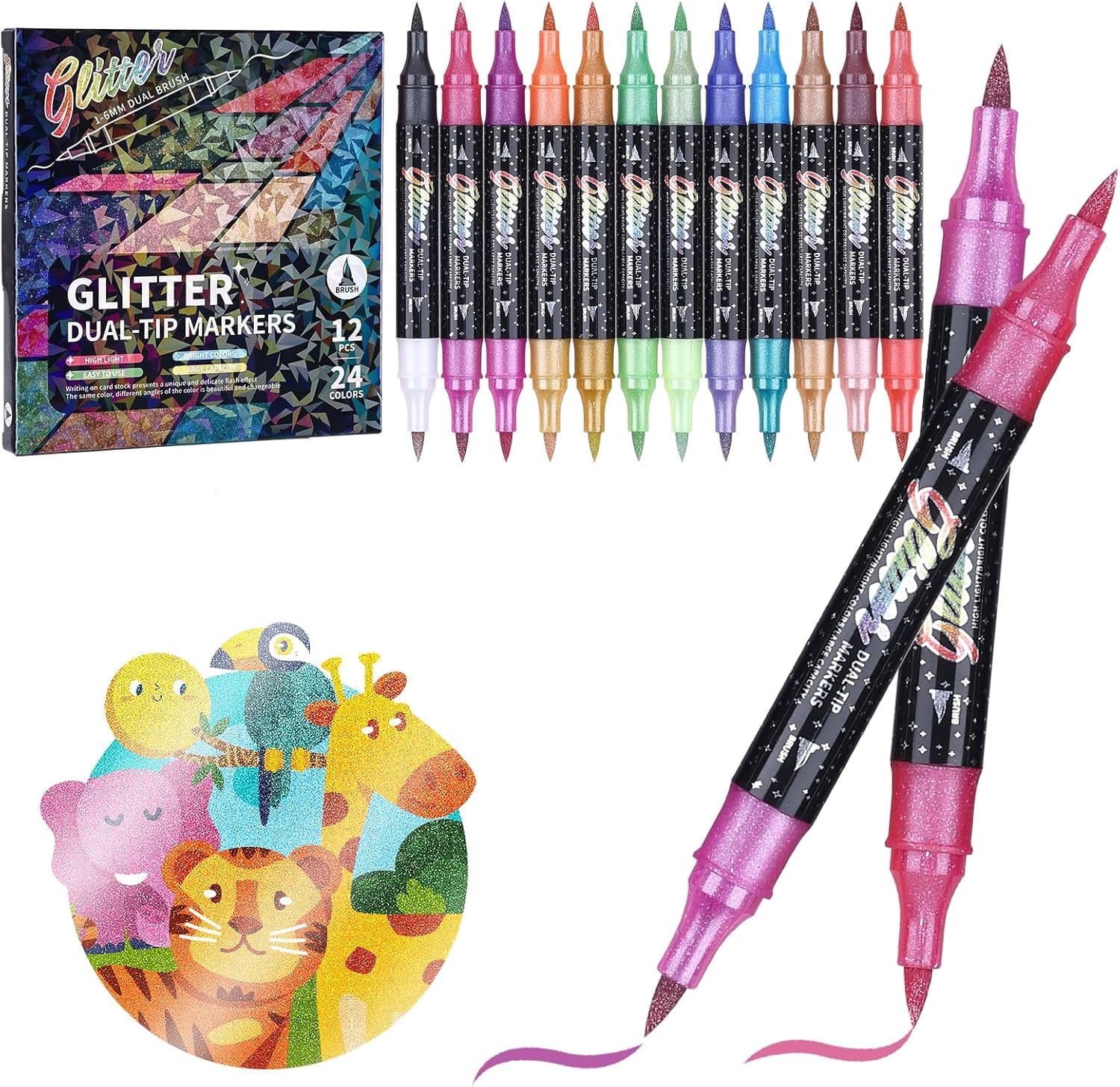Glitter Effect Brush Marker Set, Dual Tip Pens with Metallic Sparkle for Drawing, Card Making, DIY Crafts & Adult Coloring Books