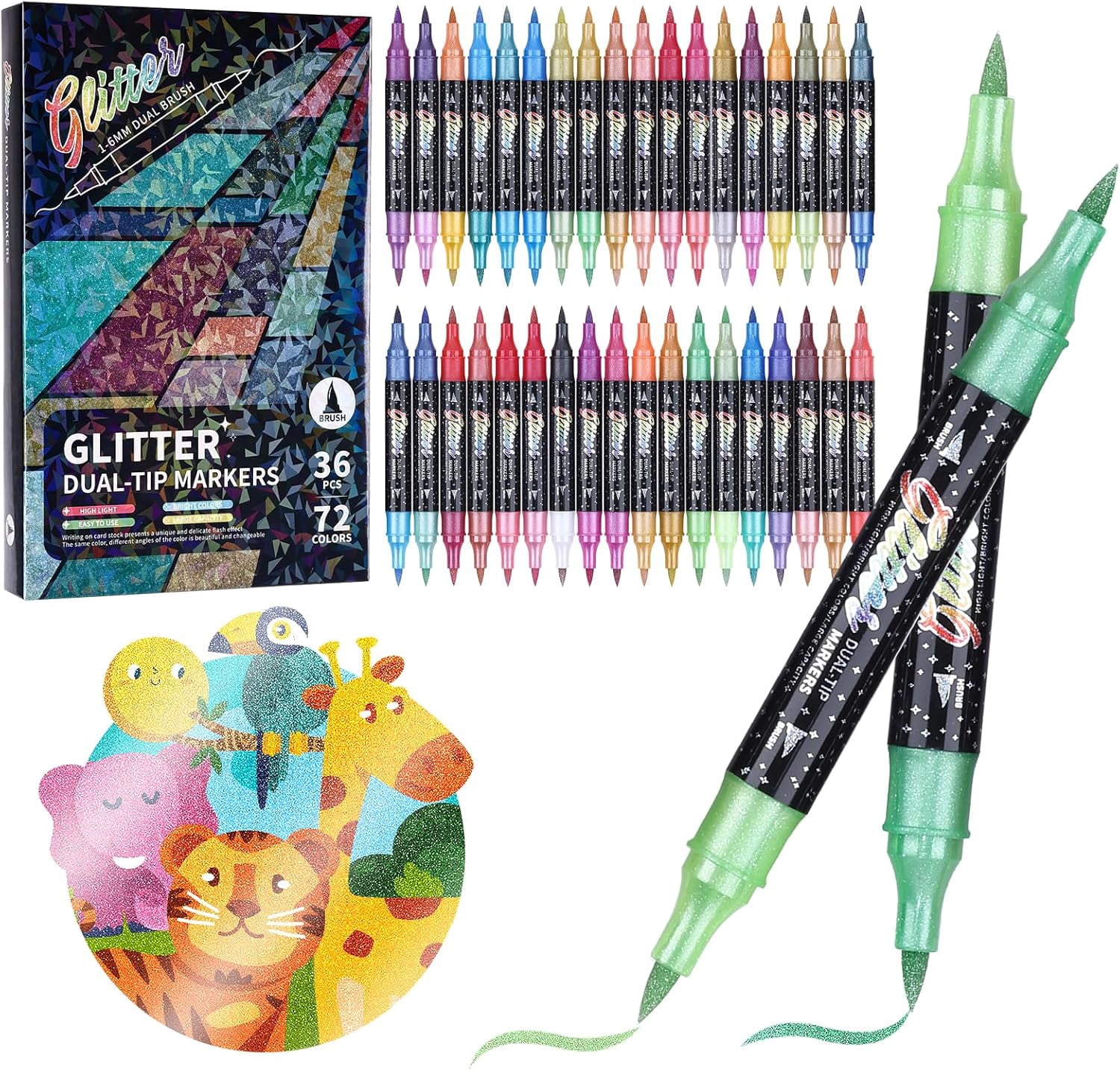 Glitter Effect Brush Marker Set, Dual Tip Pens with Metallic Sparkle for Drawing, Card Making, DIY Crafts & Adult Coloring Books