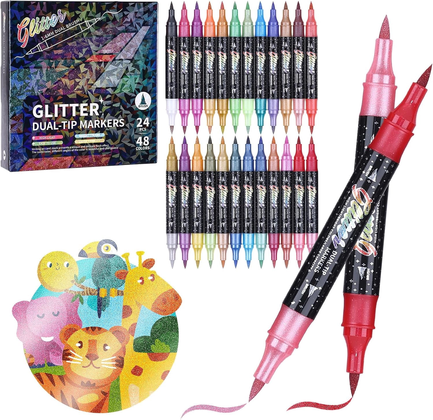 Glitter Effect Brush Marker Set, Dual Tip Pens with Metallic Sparkle for Drawing, Card Making, DIY Crafts & Adult Coloring Books