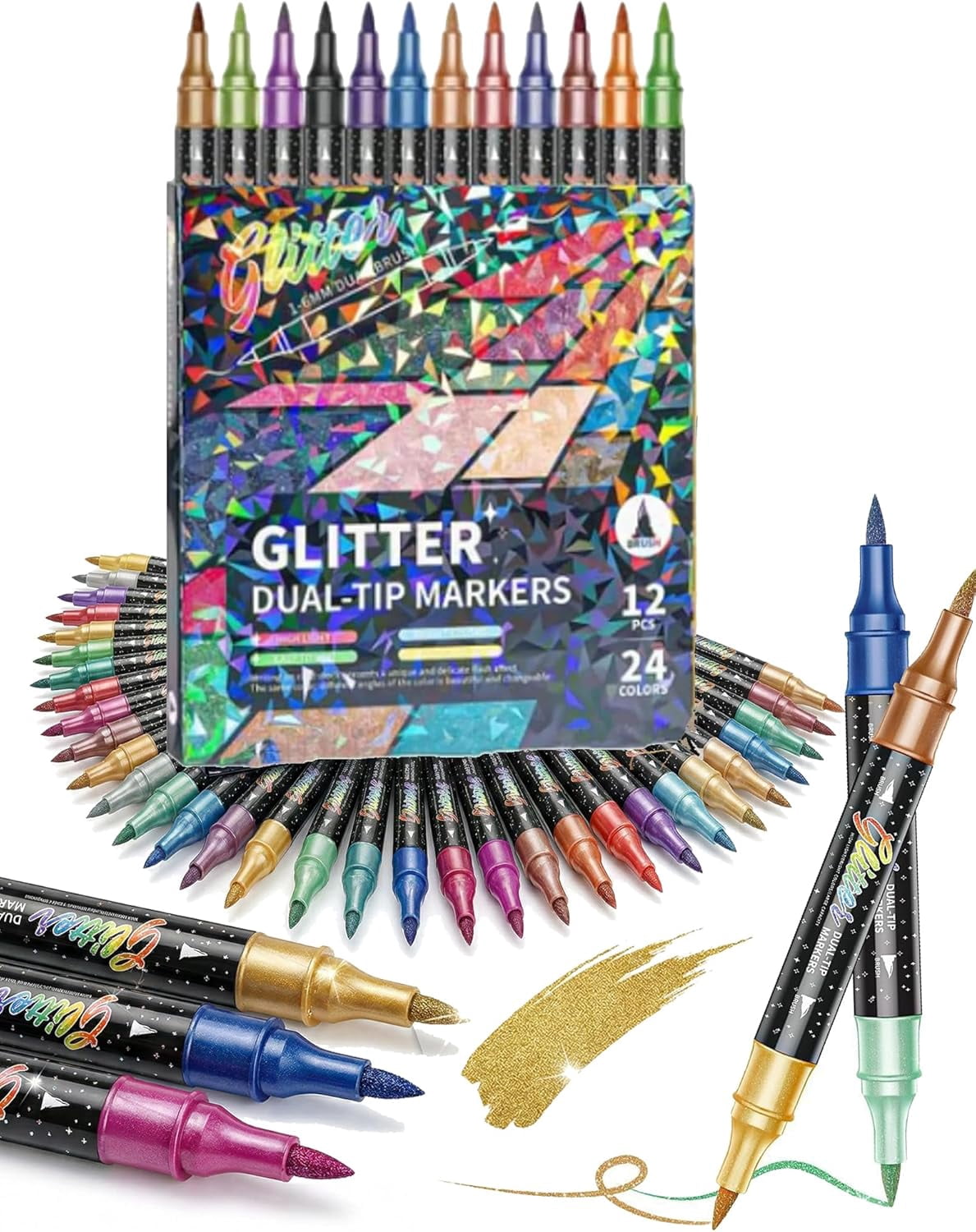 Glitter Effect Brush Markers, 24/48/72/96 Colors Dual Tip Glitter Pens Set, Sparkling Metallic Paint Pens, for Coloring, Scrapbooking, Cards, DIY Crafts Art Supplies