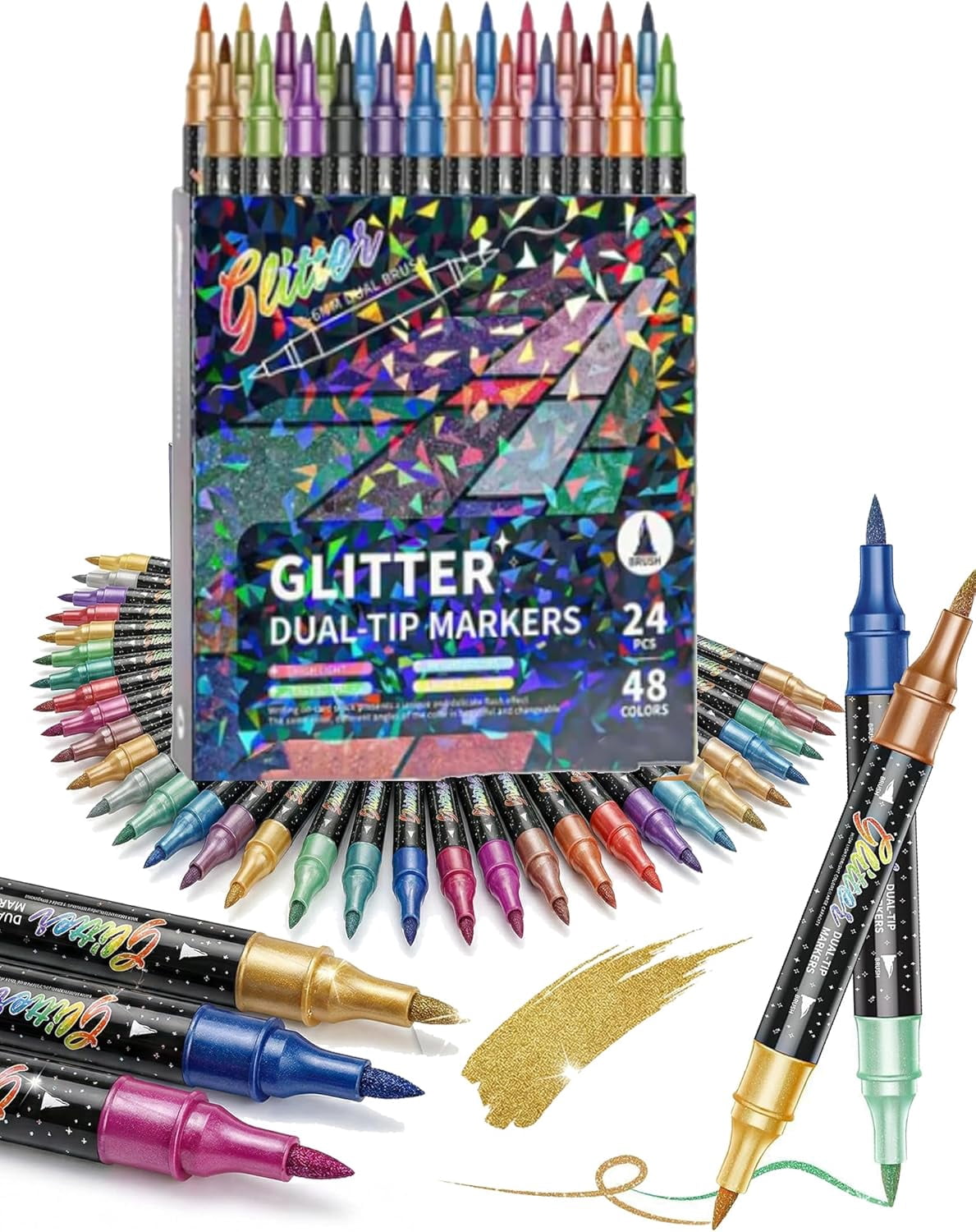 Glitter Effect Brush Markers, 24/48/72/96 Colors Dual Tip Glitter Pens Set, Sparkling Metallic Paint Pens, for Coloring, Scrapbooking, Cards, DIY Crafts Art Supplies