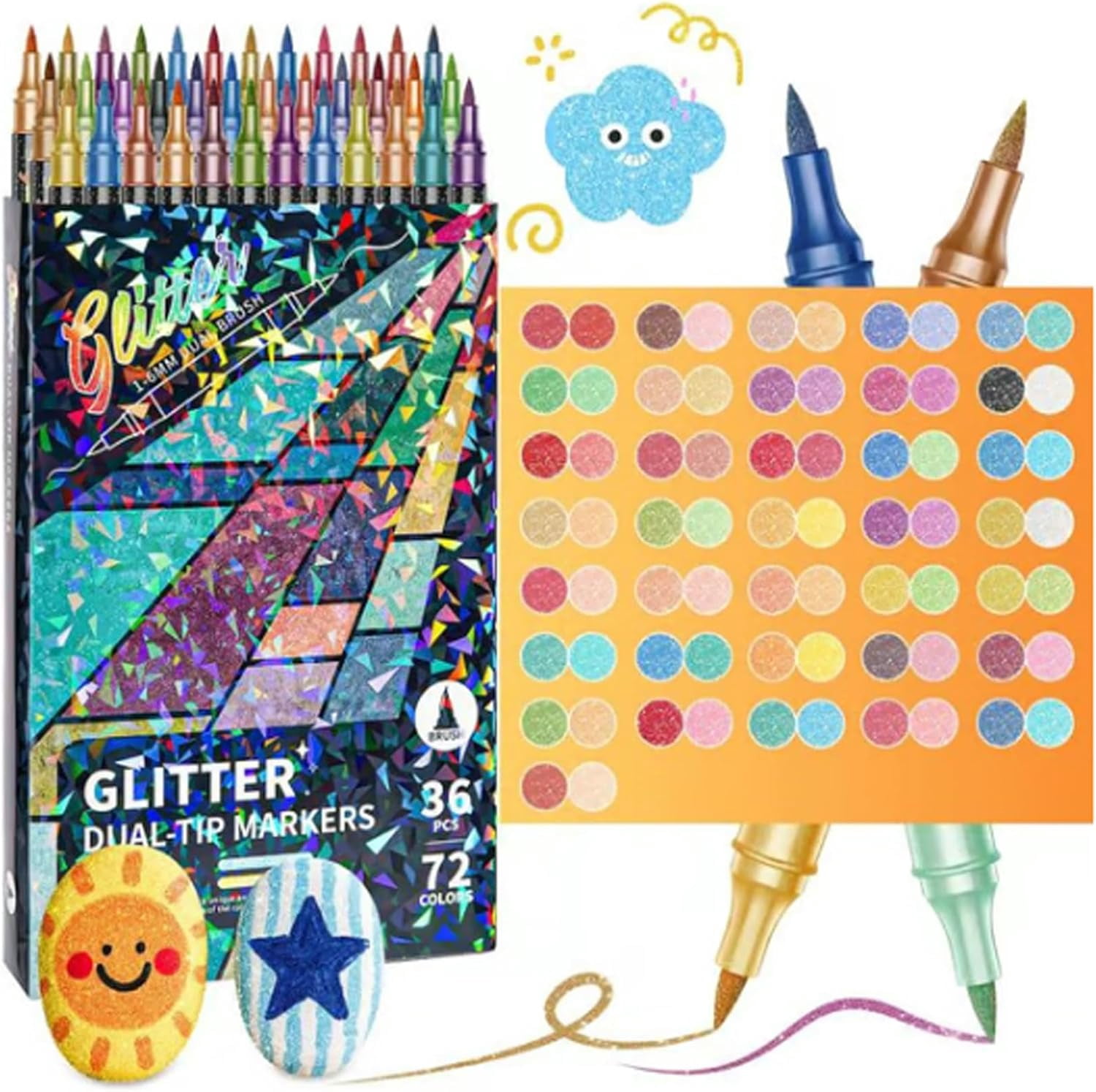 Glitter Effect Brush Markers — 24/48/72/96 Colors, Dual Tip Metallic Glitter Brush Markers Set, Smooth No Clog | No Bleed Through, Create Sparkling Art Smoothly for Coloring, Card Making(72 Colors)