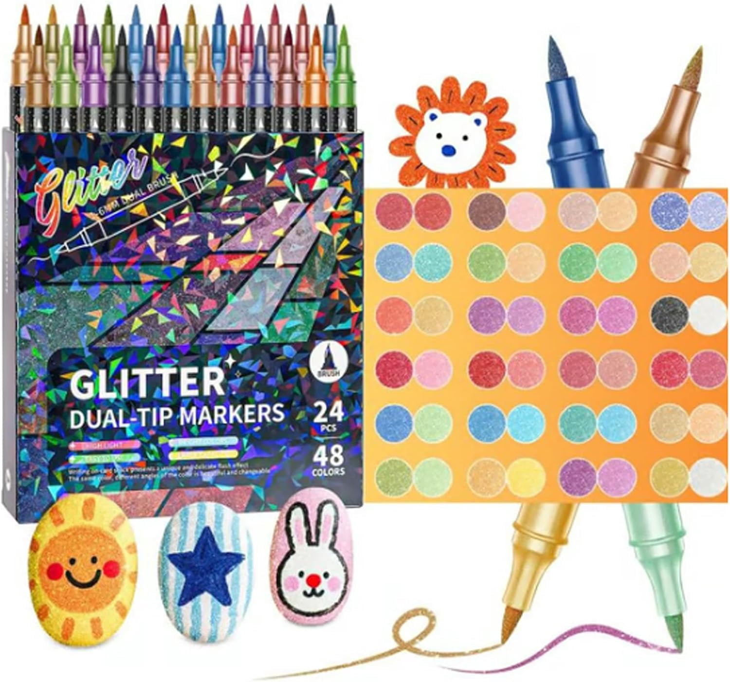Glitter Effect Brush Markers — 24/48/72/96 Colors, Dual Tip Metallic Glitter Brush Markers Set, Smooth No Clog | No Bleed Through, Create Sparkling Art Smoothly for Coloring, Card Making(48 Colors)