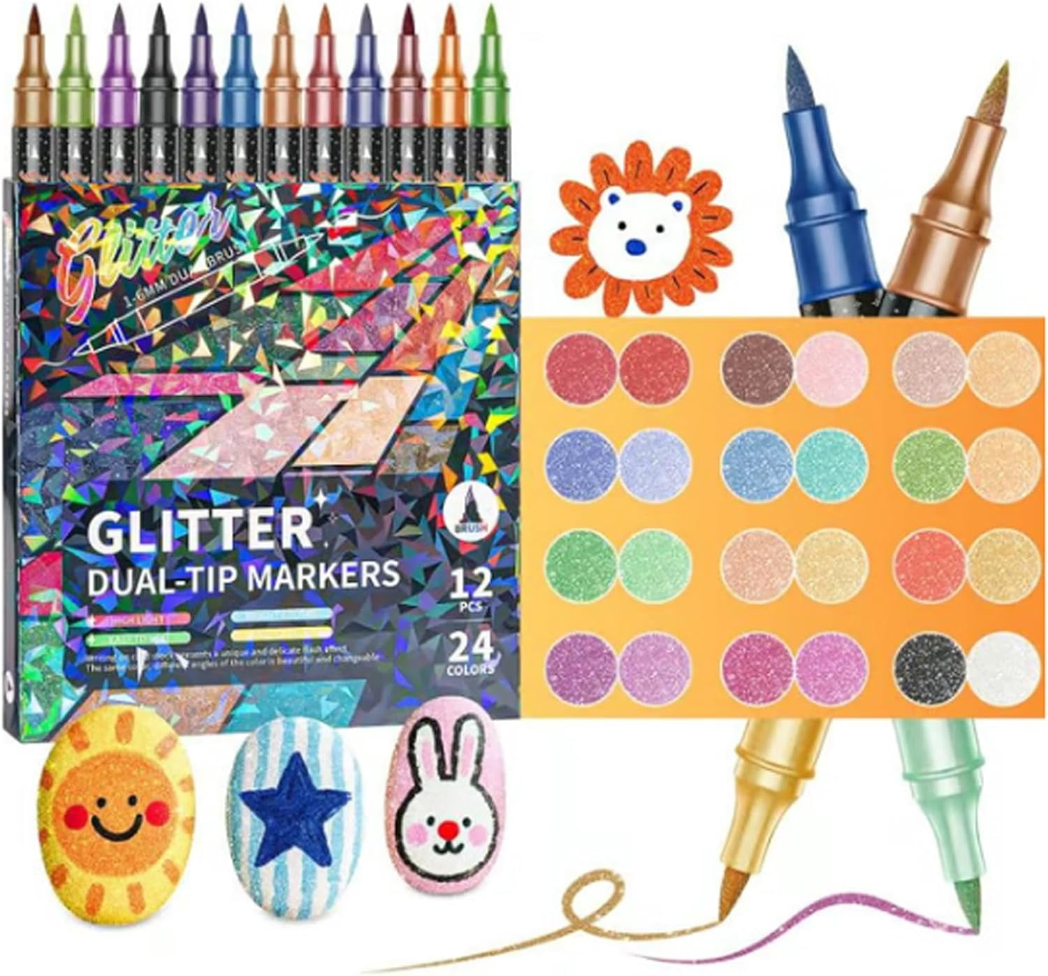 Glitter Effect Brush Markers — 24/48/72/96 Colors, Dual Tip Metallic Glitter Brush Markers Set, Smooth No Clog | No Bleed Through, Create Sparkling Art Smoothly for Coloring, Card Making(24 Color)