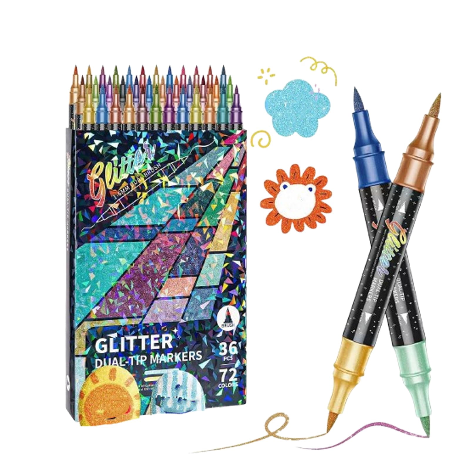Glitter Effect Brush Markers, Dual-Tip Metallic Shimmer Pen Set, No-Bleed Art Supplies for Adult Coloring Books, Scrapbooking & DIY Crafts
