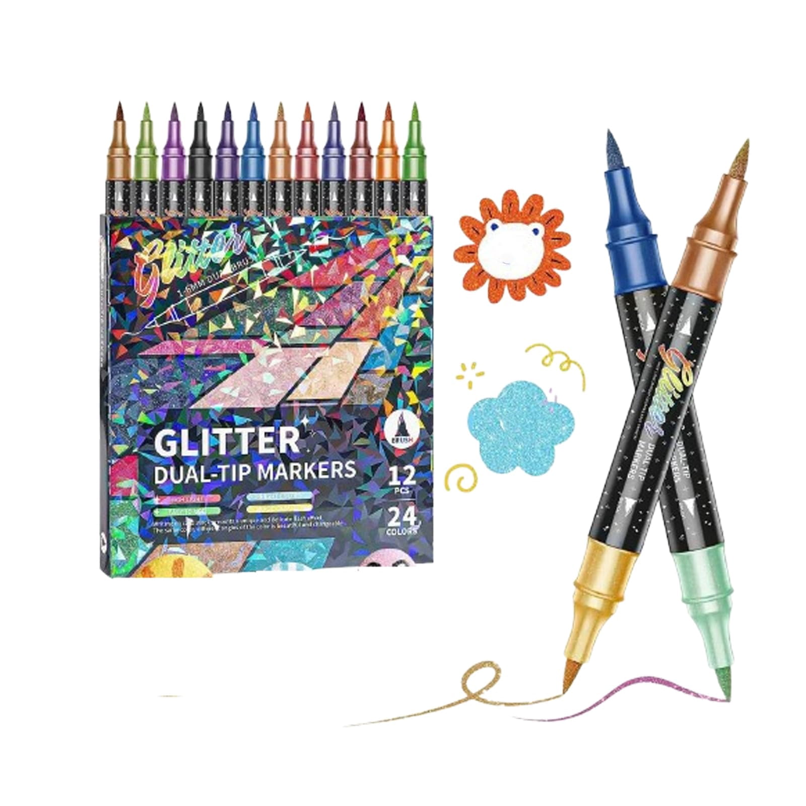 Glitter Effect Brush Markers, Dual-Tip Metallic Shimmer Pen Set, No-Bleed Art Supplies for Adult Coloring Books, Scrapbooking & DIY Crafts