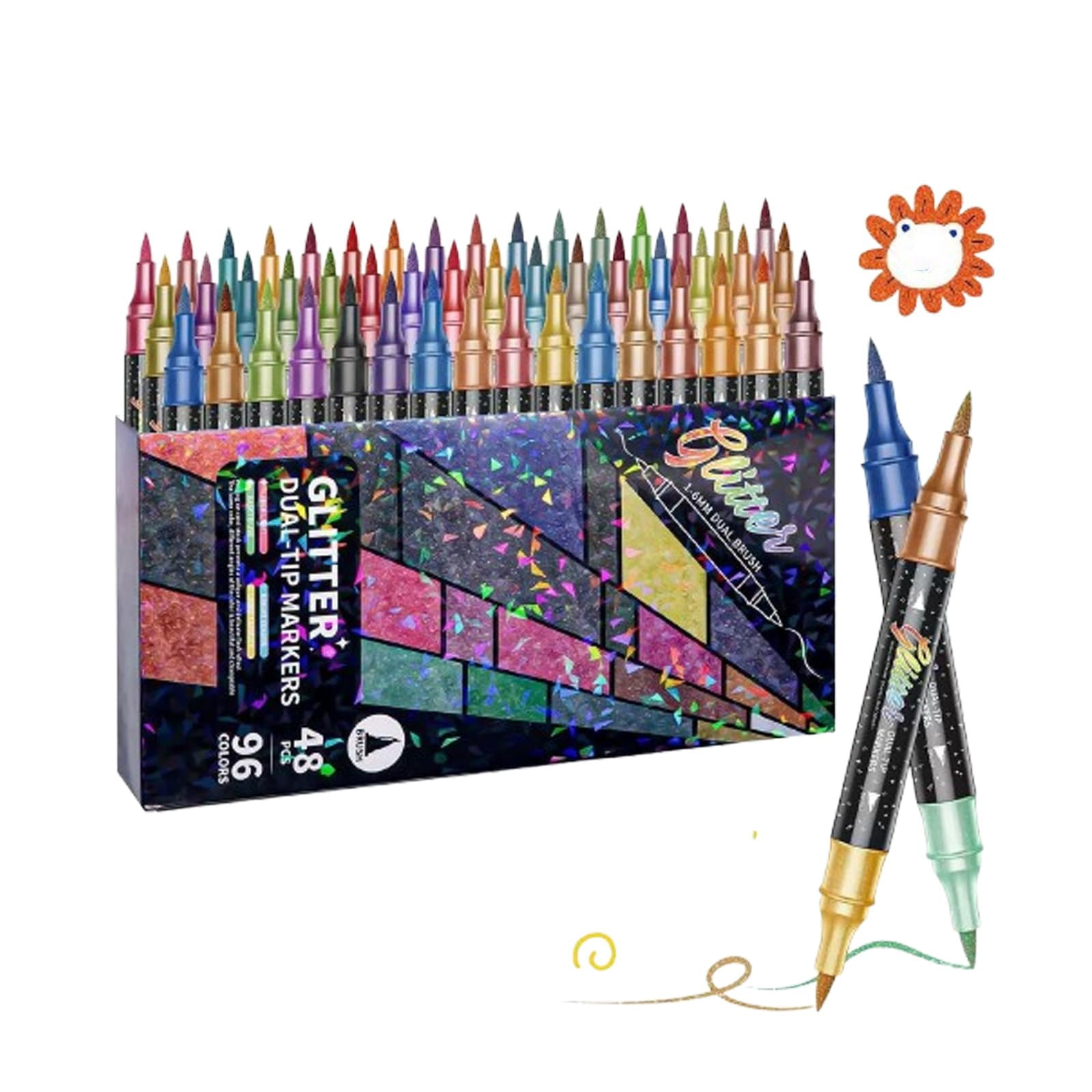 Glitter Effect Brush Markers, Dual-Tip Metallic Shimmer Pen Set, No-Bleed Art Supplies for Adult Coloring Books, Scrapbooking & DIY Crafts